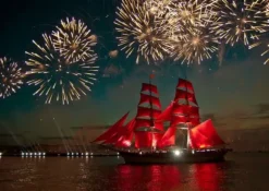Fireworks around a Sailboat