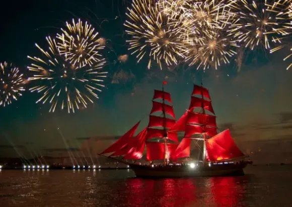 Fireworks around a Sailboat