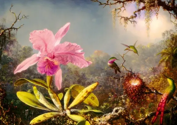 Martin Johnson Heade - Cattleya Orchid and Three Hummingbirds, 1871